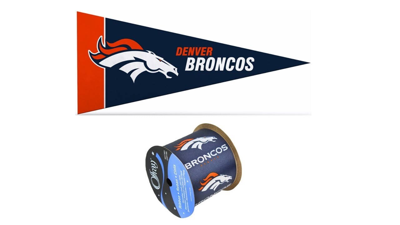 2.5" Broncos Ribbon, 9 feet & Mini Pennant, Licensed NFL Offray Ribbon